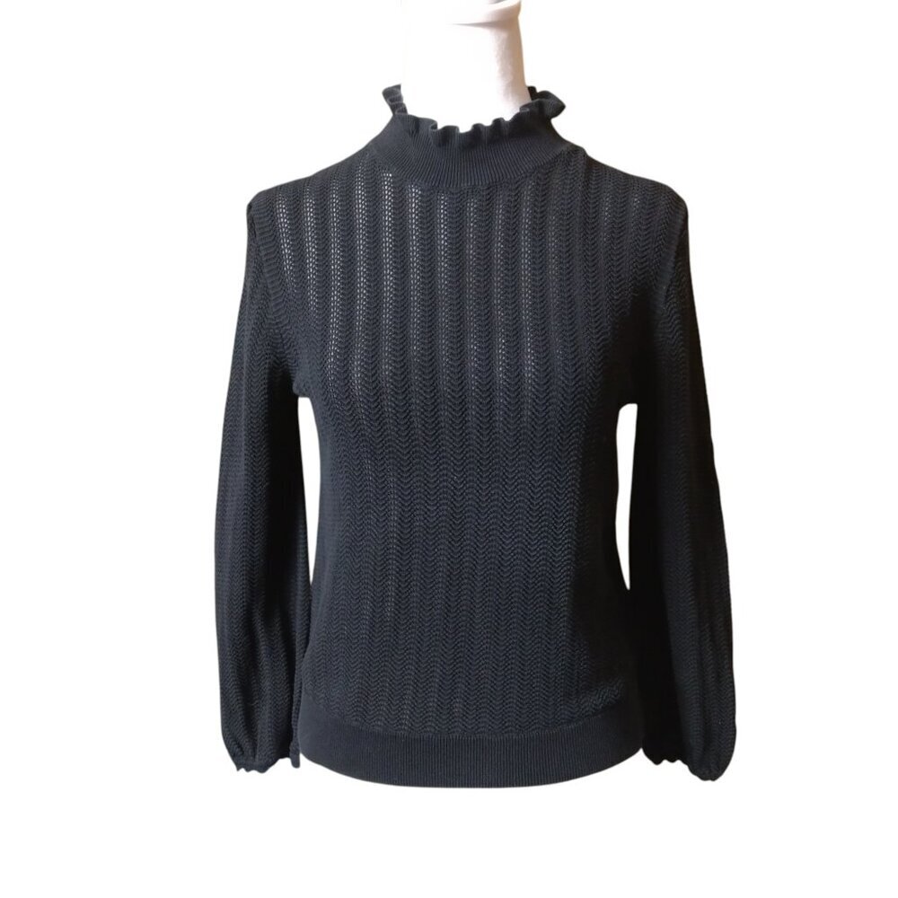 J. Crew Women's Medium Ruffle Mock Neck Pointelle Knit 100% Cotton Black Sweater